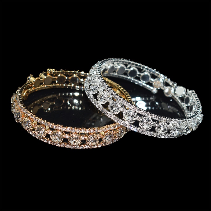 Bracelets de luxe avec strass en cristal plaqué argent pour femmes, bijoux ajustables de mariage, ,