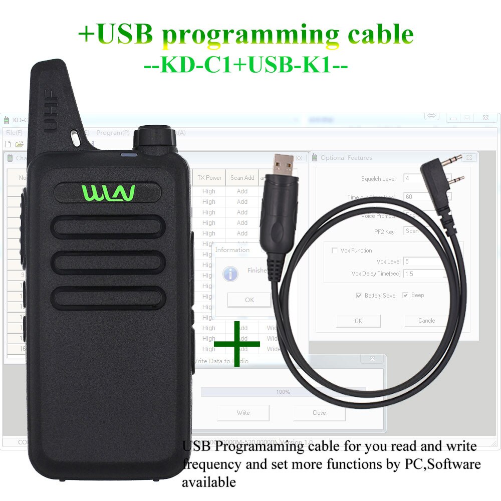 Mini Walkie Talkie WLN KD-C1UHF 400-470 MHz 5W With 16 Channels Two Way Radio: Black-USB