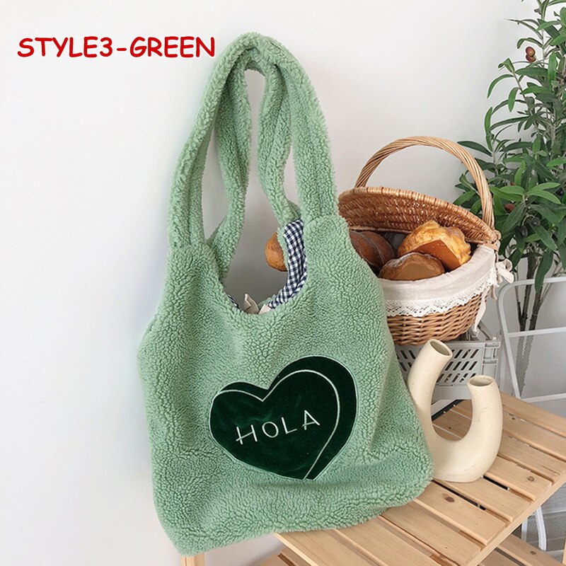Vrouwen Kawaii Lam Stof Schoudertas Handtas Tote Grote Capaciteit Borduurwerk Shopper Tassen Leuke Tas Voor Meisjes Nieuw: Green