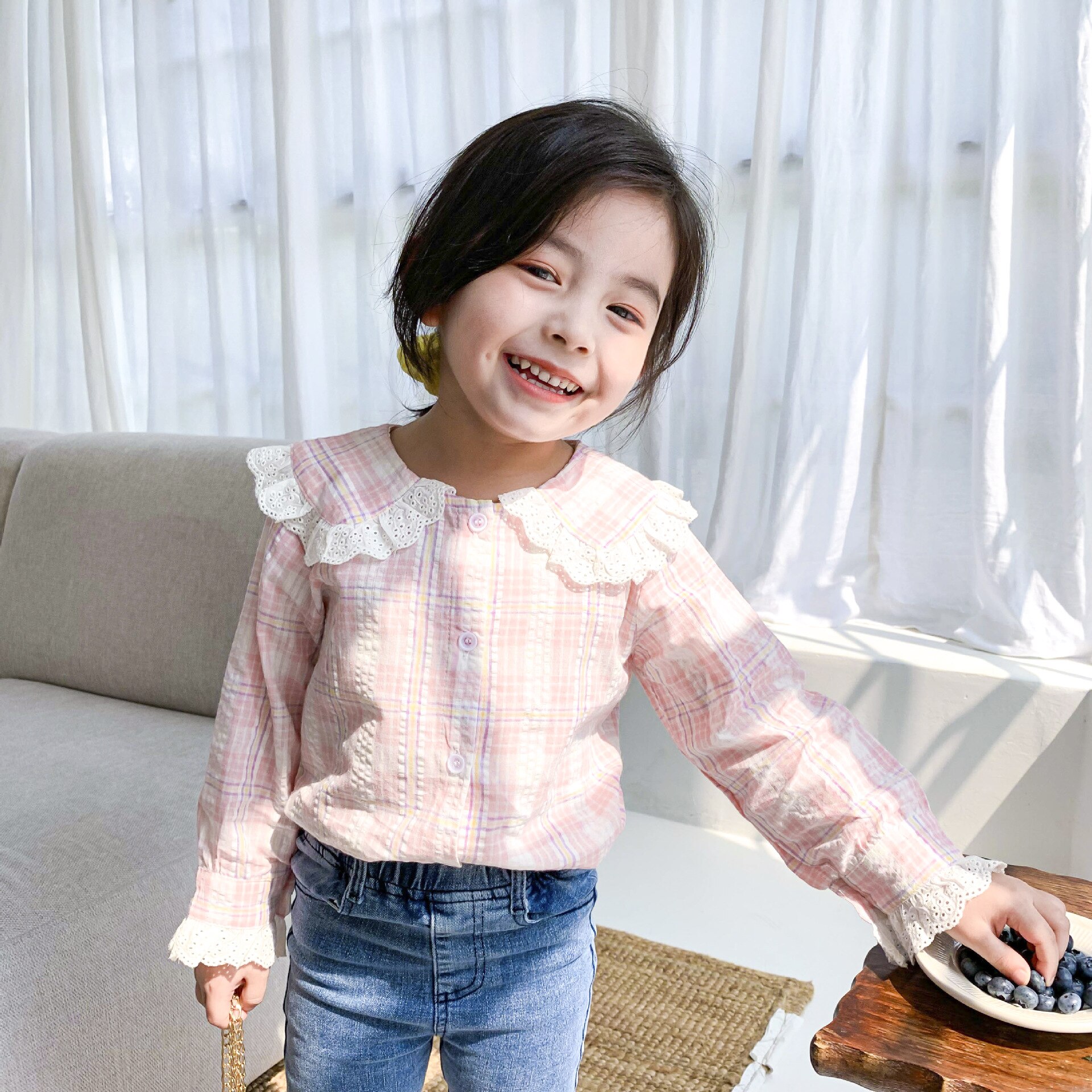 Autumn cute girls lace patchwork plaid shirts long sleeve casual shirt: pink / 6T  (tag size 130cm)