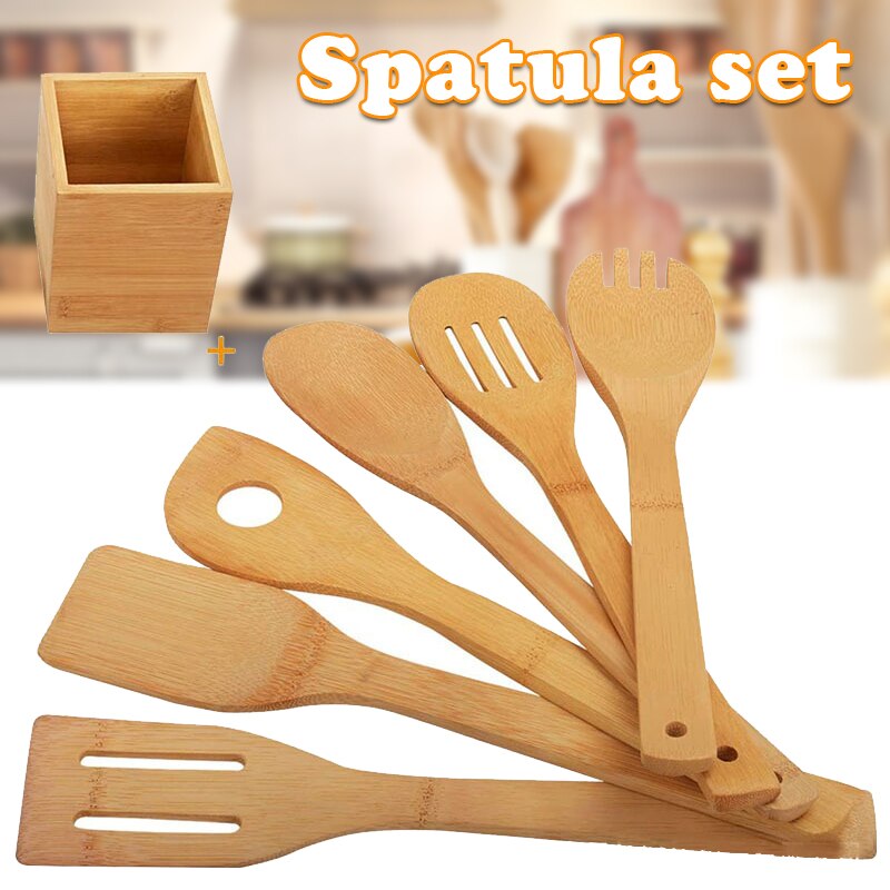 Ensemble de spatule en bambou 7 pièces avec support carré avec poignée ergonomique ustensile de cuisine _ WK: Default Title