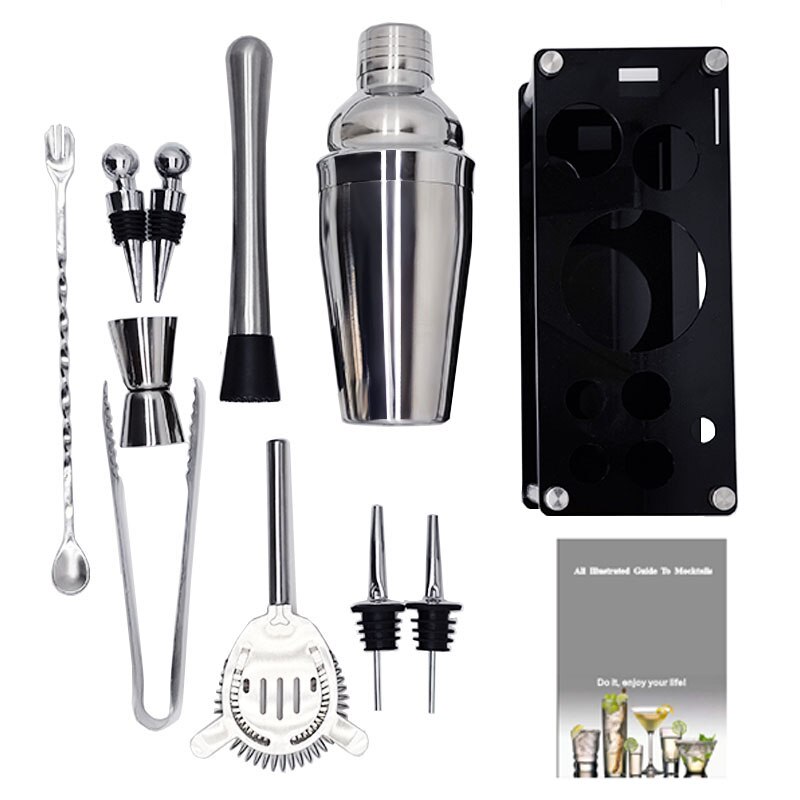 Bar Tool Set Kit Muddler Strainer 550/750ml Tong Spoon Jigger Stainless Steel Cocktail Shaker With Wine Rack Cocktail Recipe
