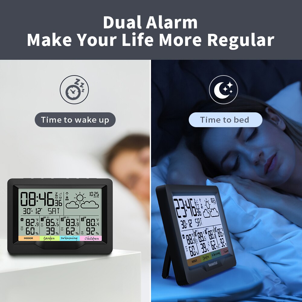Newentor  q5 vejrstation med 3 sensorer indendørs udendørs digital vejrstation trådløs prognose sensor hygrometer fugtighed