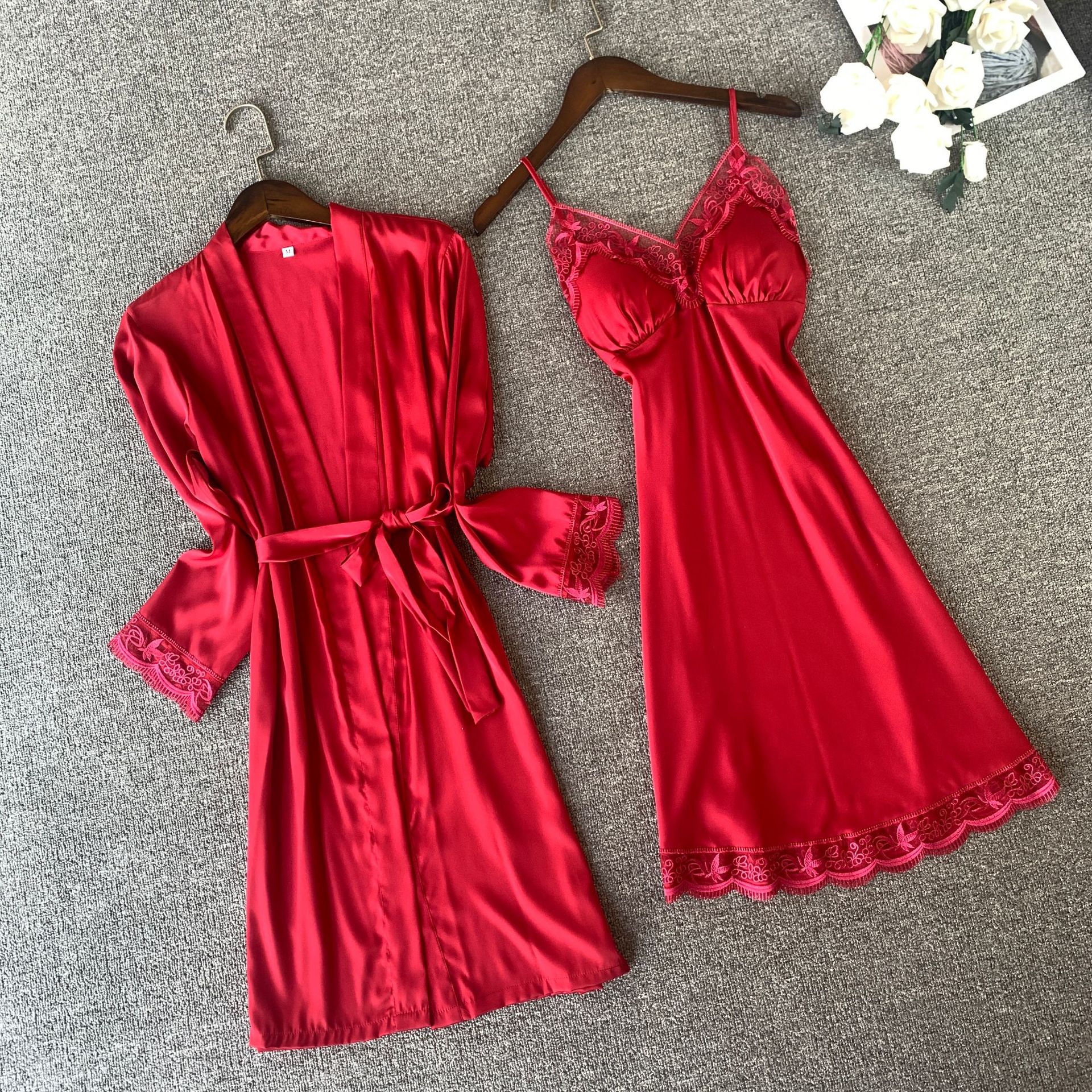 Pink Silk Rayon Nighty&amp;Robe Set Nightgown Sexy Lace Wedding Robe Sleepwear Spring Summer Kimono Bathrobe Gown Loose Home Dress: Red Robe Set B / XL