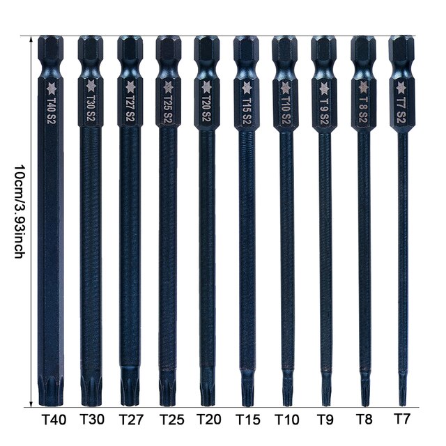 10pcs Hex Head Allen Wrench Drill Bits Set 100mm Long Allen Screwdriver Bits Magnetic Tips Hex Key Screwdriver Socket Bit Set: 10pcs T7-T40