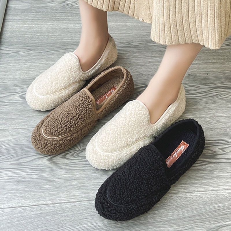 Vinter kvinnor loafers lamm ull skor kvinna lägenheter slip on skor päls bigh varm dam skor svart brun båt sko 8556l