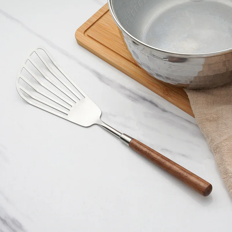 Utensílios de cozinha com cabo de nogueira, faca de bolo de aço inoxidável, pá, colher de arroz, concha de sopa, componente de serviço de restaurante: Prateado