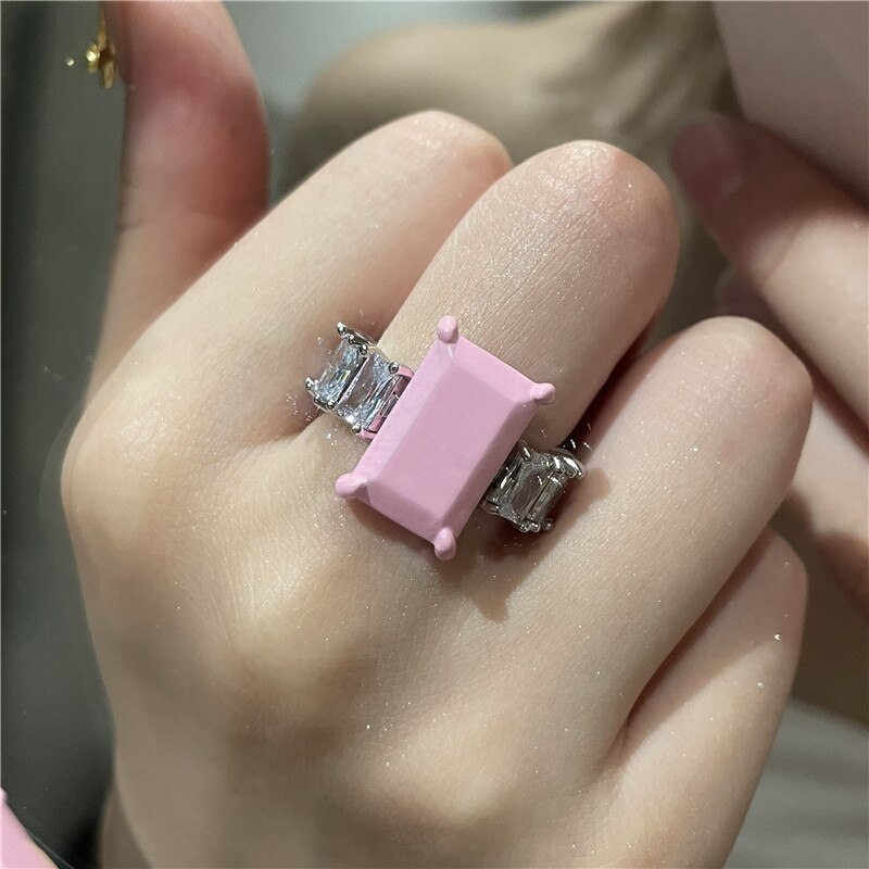 Huanzhi retro firkantet maling ring slik farve zirkon rhinestone uregelmæssig emalje glasur ring til kvinder piger smykker: B
