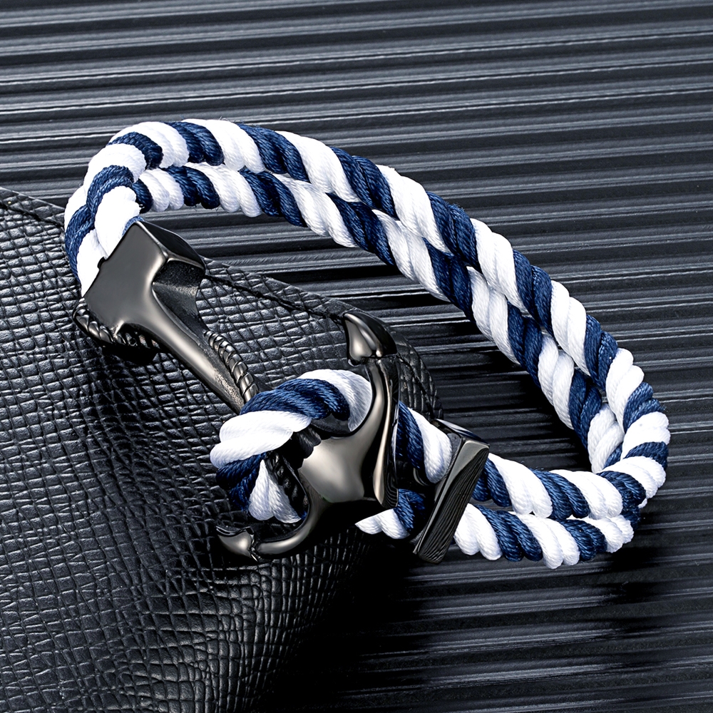Black Anchor Bracelet for Men Women Double Layer Braided Survival Rope Bracelet Stainless Steel Handmade Woven Jewelry