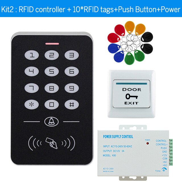 Toegangscontrole Systeem Kit 125Khz Rfid Tags Access Controller Keypad + Voeding + Sloten + Drukknop Voor deur Entry Security: T20 kit2