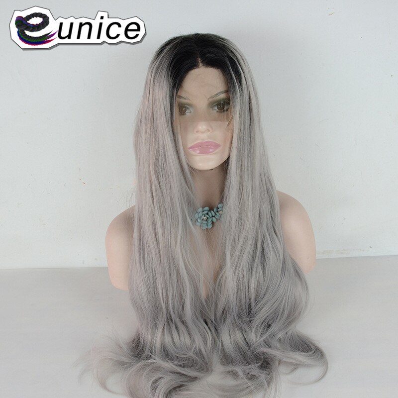Eunice Hair 24" Ombre Blonde Brown/Green Body Wave Synthetic Wigs Natural Hair Glueless Synthetic Lace Front Wigs for Women: Grey