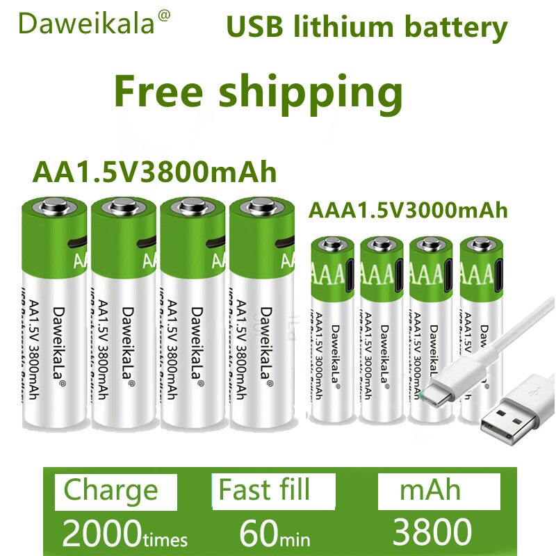 rechargeable AA 1.5V 3800mah / 1.5V AAA 3000mAh lithium battery flashlight toy watch MP3 player lithium battery replacement: 8pcs