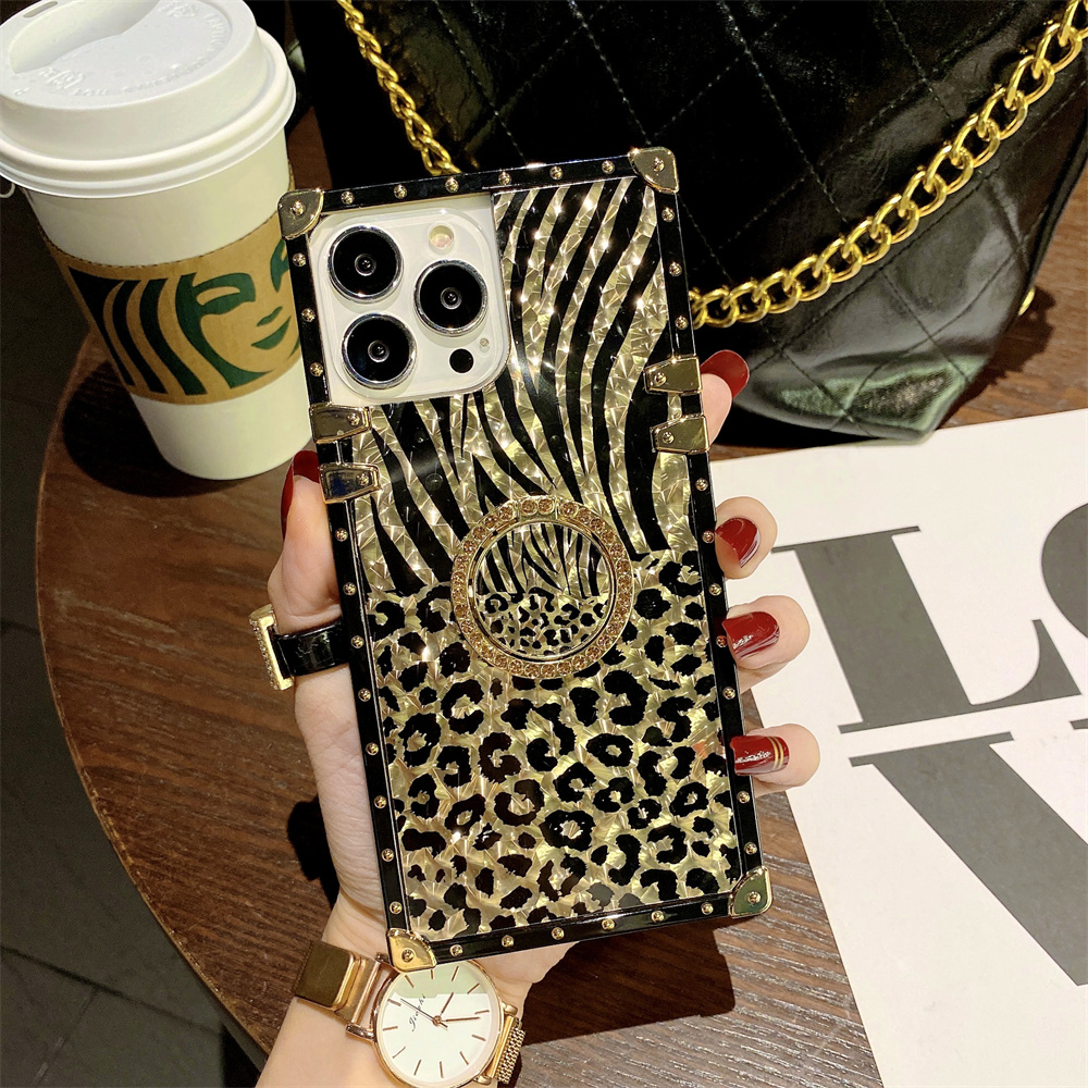 Funda chapada en oro de leopardo de lujo para iPhone 16 15 Pro Max 14 13 12 11 XR X 8 7 Plus cubierta con soporte de anillo de diamante brillante Funda 16: Aluminio / Beige