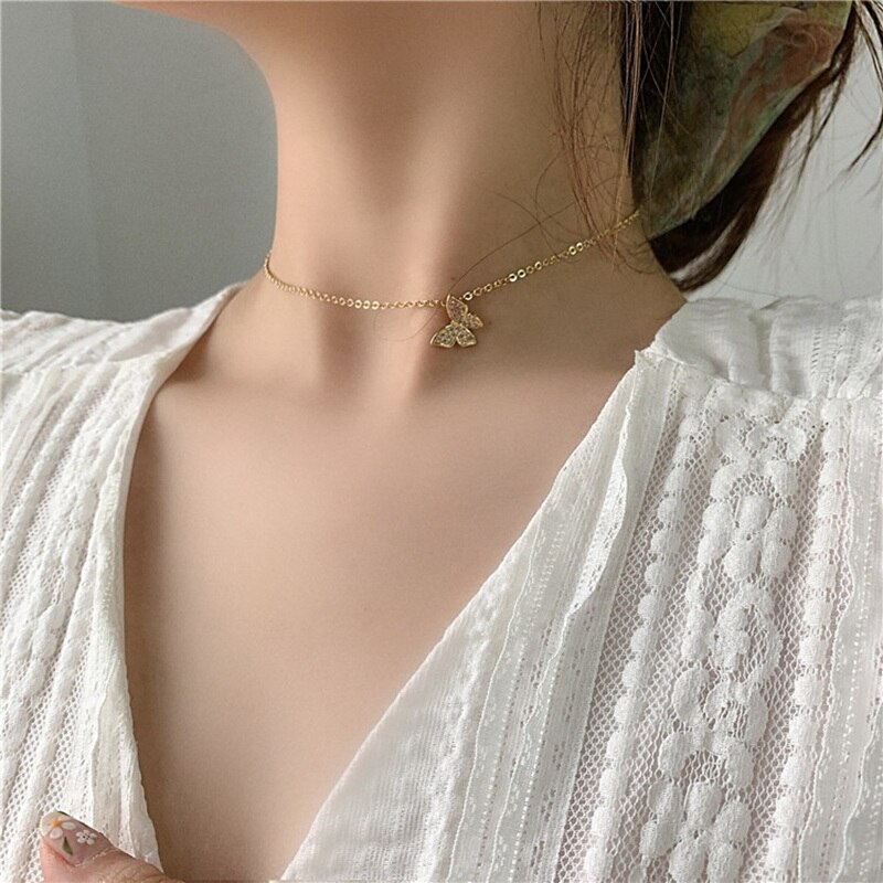 MENGJIQIAO Korean Cute Zircon Butterfly Choker Necklace For Women Multi Layer Pearl Short Collares Jewelry Kolye