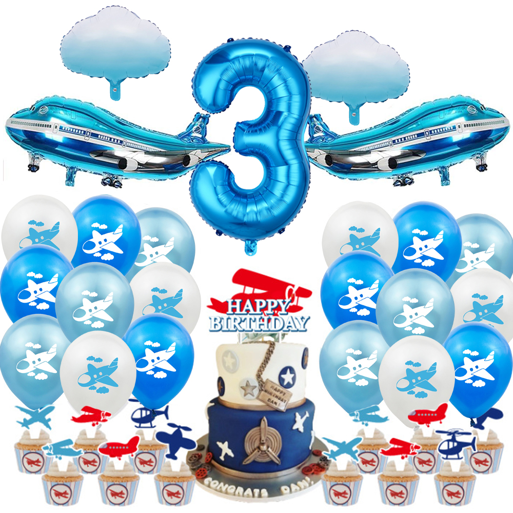Airplane Foil Balloon Set 32in Number Balloons Banner Kids Boys Girls Airplane Birthday Decorations Aviator Baby Shower Supplies