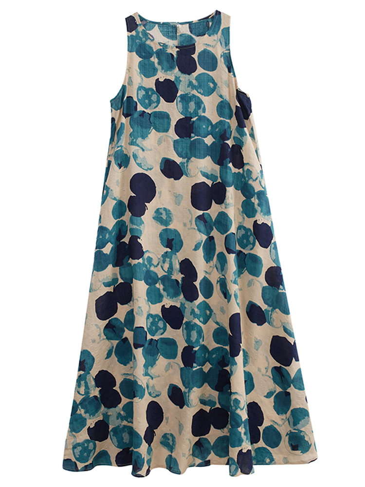 Ærmeløse bomulds polkaprikkede vintage kjoler til kvinder sommer afslappet lang kjole femme kåbe vestidos tøj: L / Blå