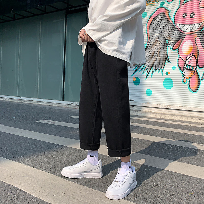 Straight jeans herre ensfarvet casual retro jeans bukser herre streetwear vild løs hip hop denim bukser herre m -2xl: Sort / Xl
