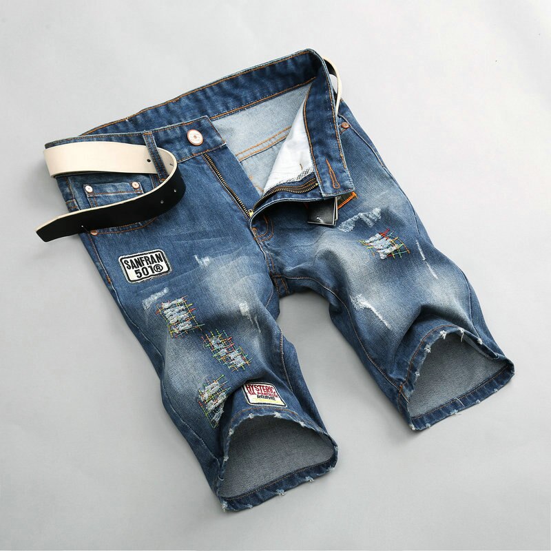 Men's Denim Shorts Torn Summer Breeches Hole Distressed Bermuda Male Stretch Knee Length Vintage Short Jeans Shorts Men