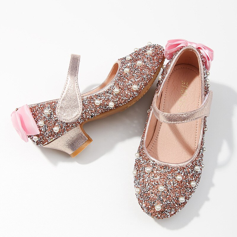 ULKNN Kids Shoes Girls Rhinestone Princess Shoes Child's Leather Show Crystal High-heeled Children's Shoes Pink