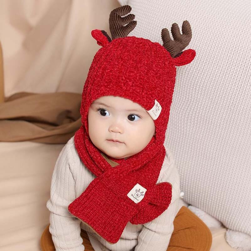 Doitbest 8 months to 3 Years kids Beanie little deer kid boys Knit hats winter 2 pcs fur baby girls winter hat and scarf
