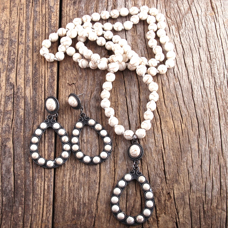 RH Boho Jewelry Set White / Blue Long Knotted Necklace Earring Set Women