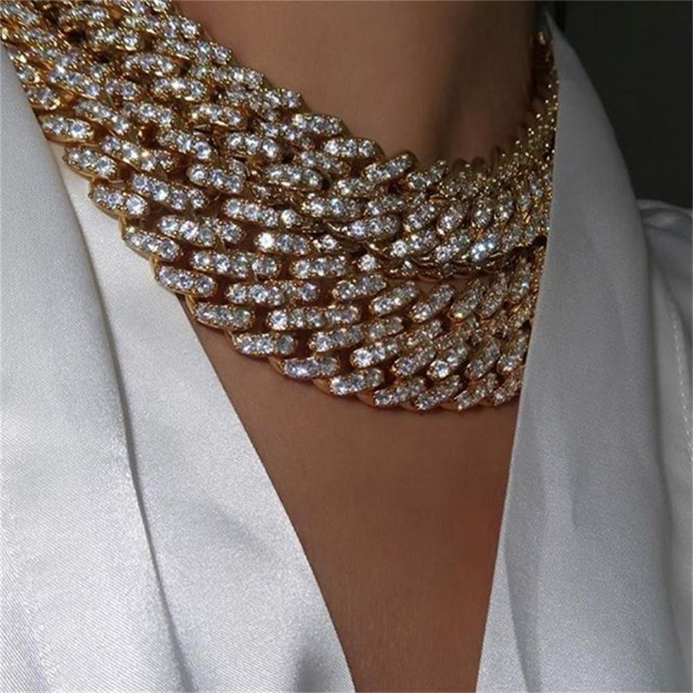 GLAMing Hip Hop Bling Iced Out Necklace Cuban Chain Men Gold Statement Crystal Rhinestone Choker Necklace Women's Jewelry
