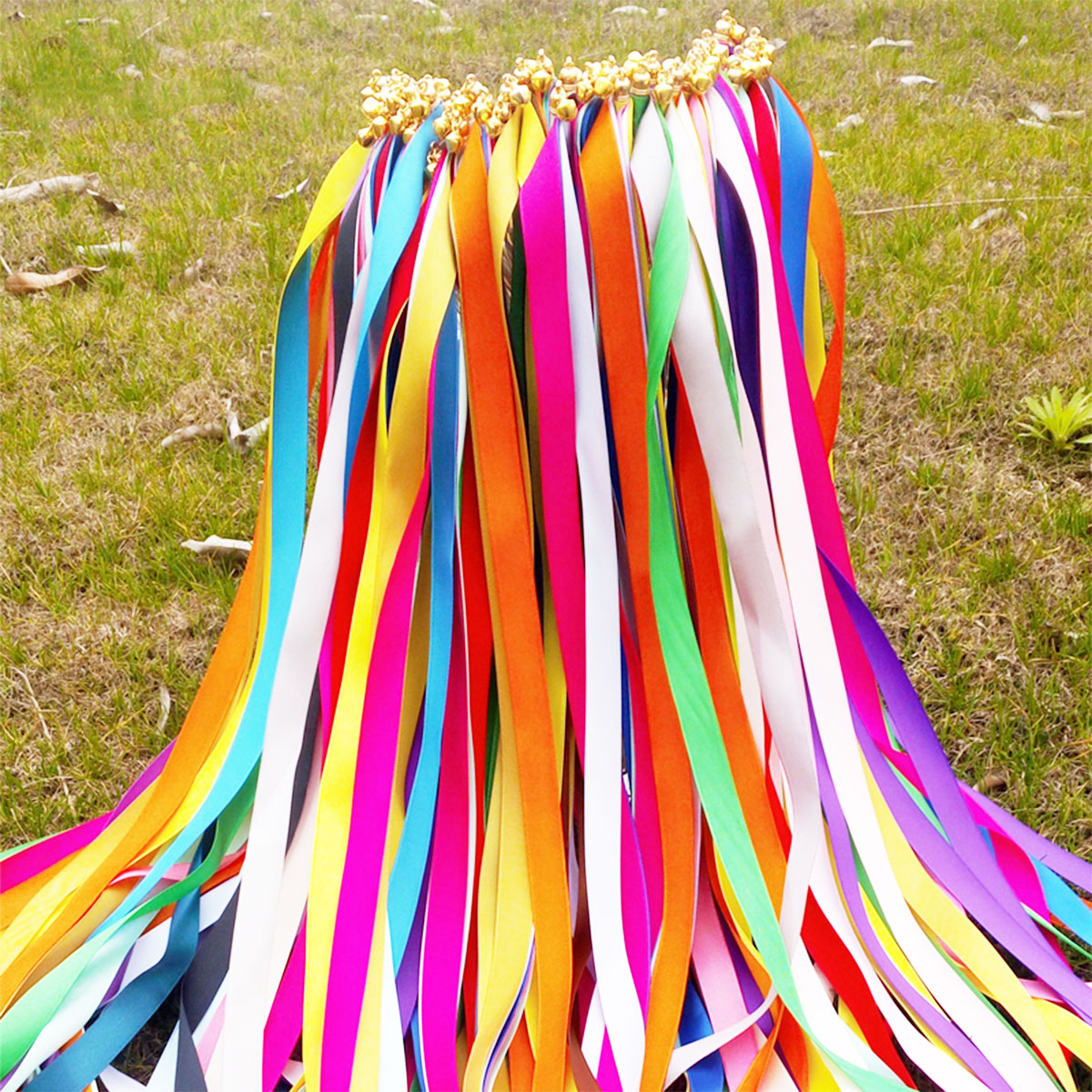 100Pcs Wedding Ribbon Wands with Bells Colourful Stick Wish Wands Wedding Streamers Celebration Decoration for Party: Default Title