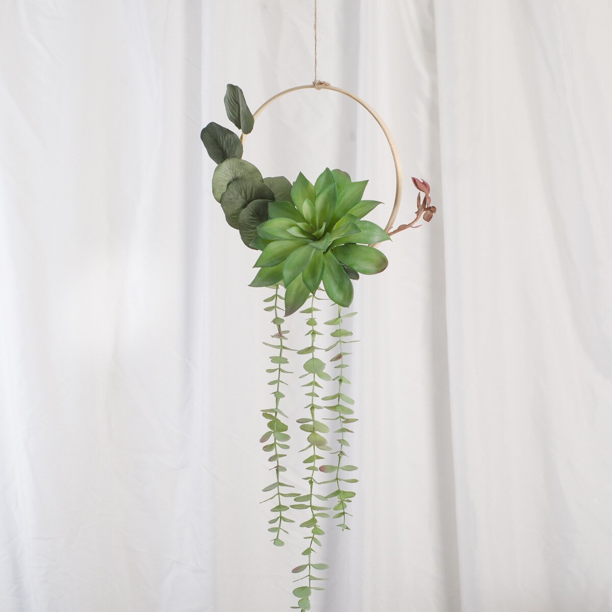Cilected Artificial Succulent Hanging Plants Decor Wedding Wreath With Drooping Leaves Bamboo Hoop Garland For Wall Decoration: Color1