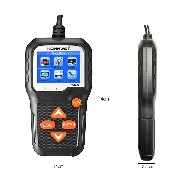 Probador de batería de coche KONNWEI KW650 6-16V Analizador de sistema de batería de motocicleta de coche 100-2000CCA Carga de coche herramienta de diagnóstico de arranque