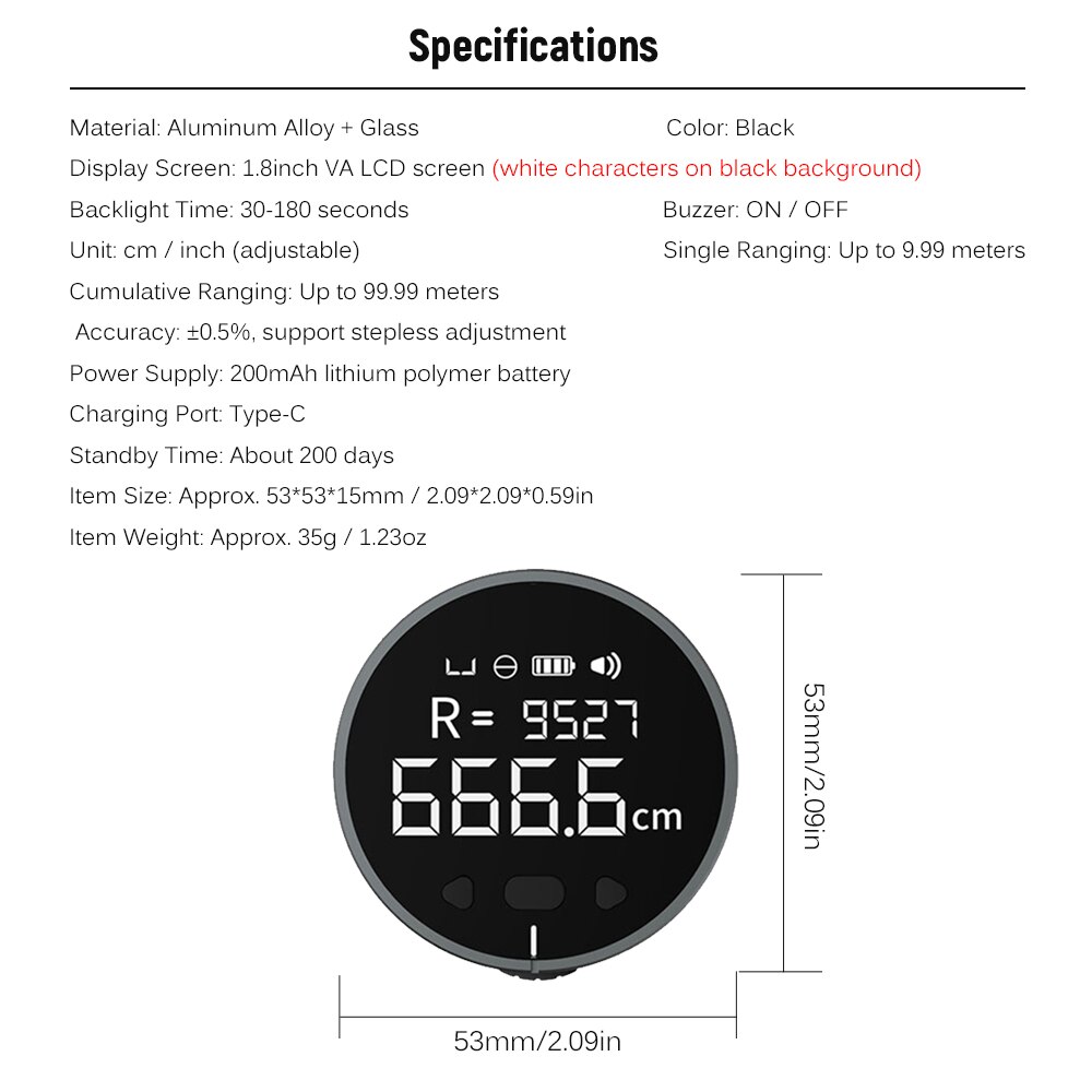 8 in 1 Electronic Ruler LCD Display Range Finder 99m High Accuracy Handheld Length Measuring Long Standby Rechargeable Ruler