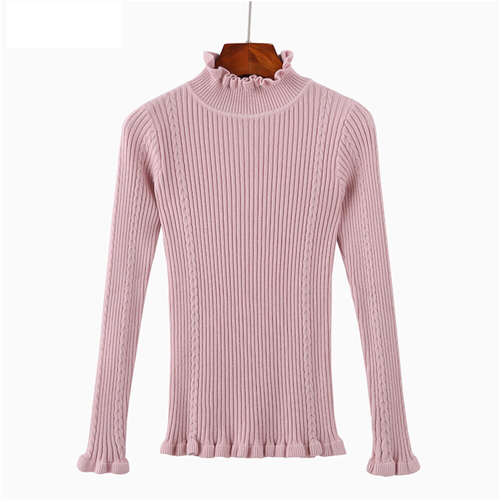 Wood Ears Turtleneck Solid Cotton Knitted Autumn Sheath Purple Sweater Women Long Sleeve Winter Casual Slim Pullover Tops