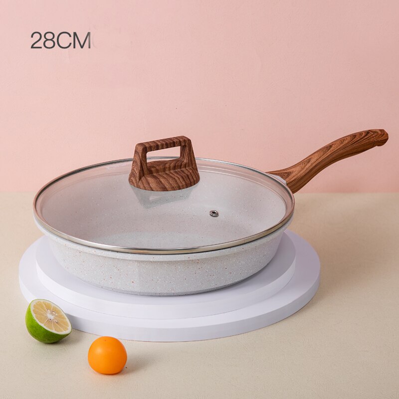 20-28CM Maifan Stone Wok Non-stick Frying Pan with Glass Lid Deepening Frying Pan for Induction Cooker Gas Stove