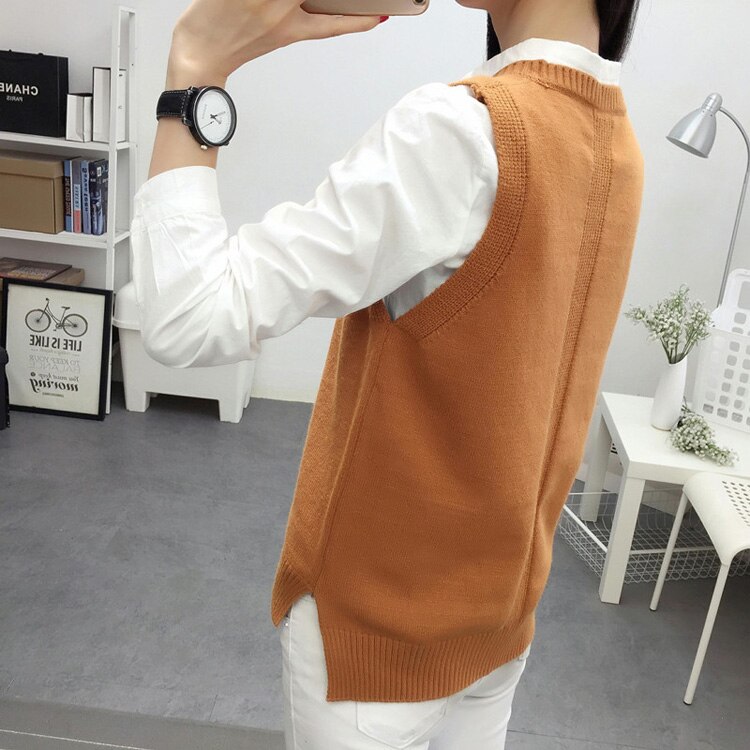 Ærmeløs vest sweater dame preppy stil look rund hals side åbning slids strikket vest pullovers t jumper kvinde strik sweater