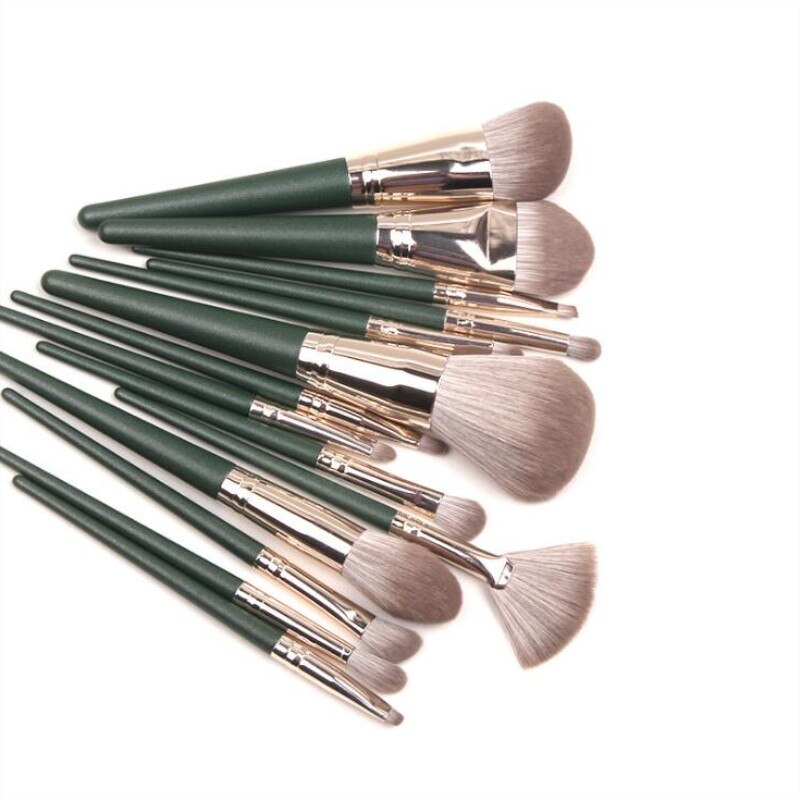 14Pcs Up Kwasten Professionele Powder Foundation Oogschaduw Make Up Borstel Set Synthetisch Haar Groene Make-Up Kwasten