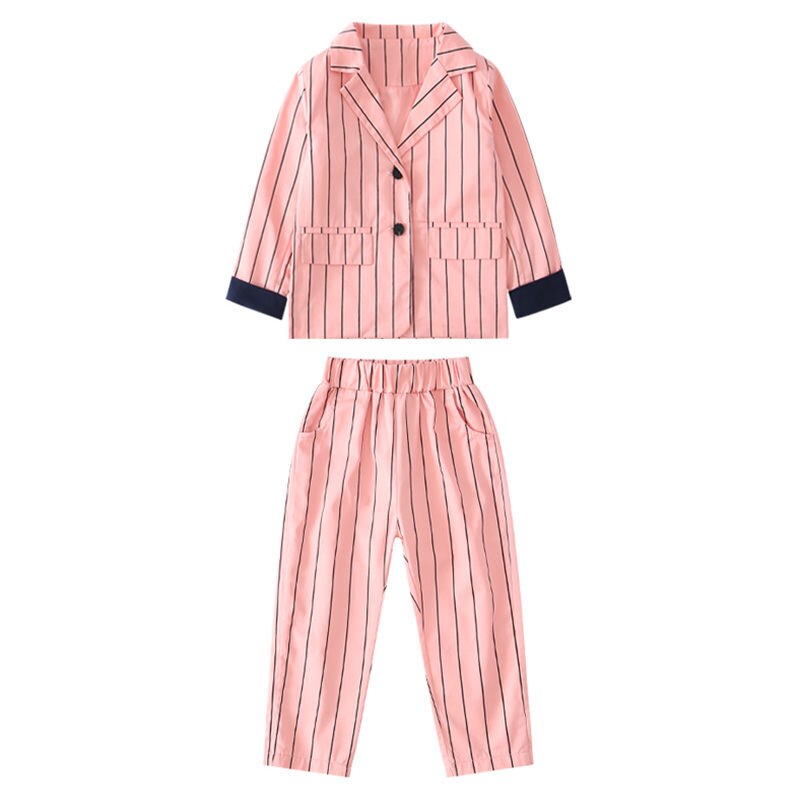 Filles Blazer costumes ensemble costume + pantalon 2 pièces fête de mariage enfants fille noir et blanc Vertical rayé Blazer ensemble pour filles 4-13: Rose / 11