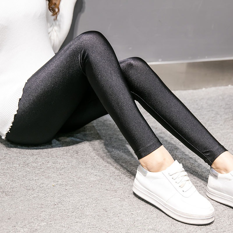 Women Shiny Leggings Style Thin Ankle Length Black Leggings Stretchy High Waist Satin Basic Leggings: A-style / S