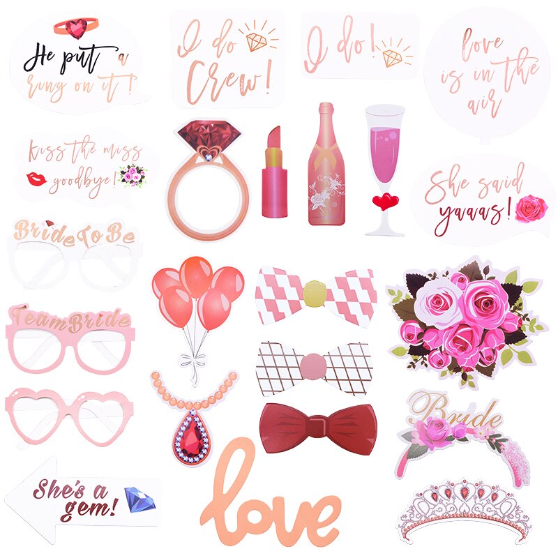 Pink Wedding Bride To Be Photo Booth Props Set Bridal Shower Wedding Decor DIY 23pcs Photo Props for Bachelorette Party Supplies