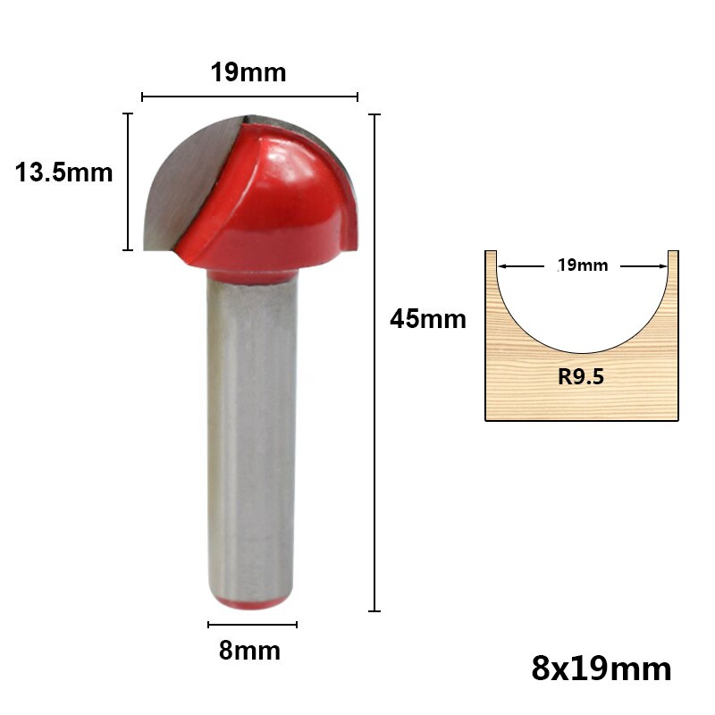 8Mm Schacht Rode Hoekafronding Frezen 16/19/22/25Mm Core Box Router Bit voor Hout Radiusfrees Radius Frezen: 1pc 8x19mm