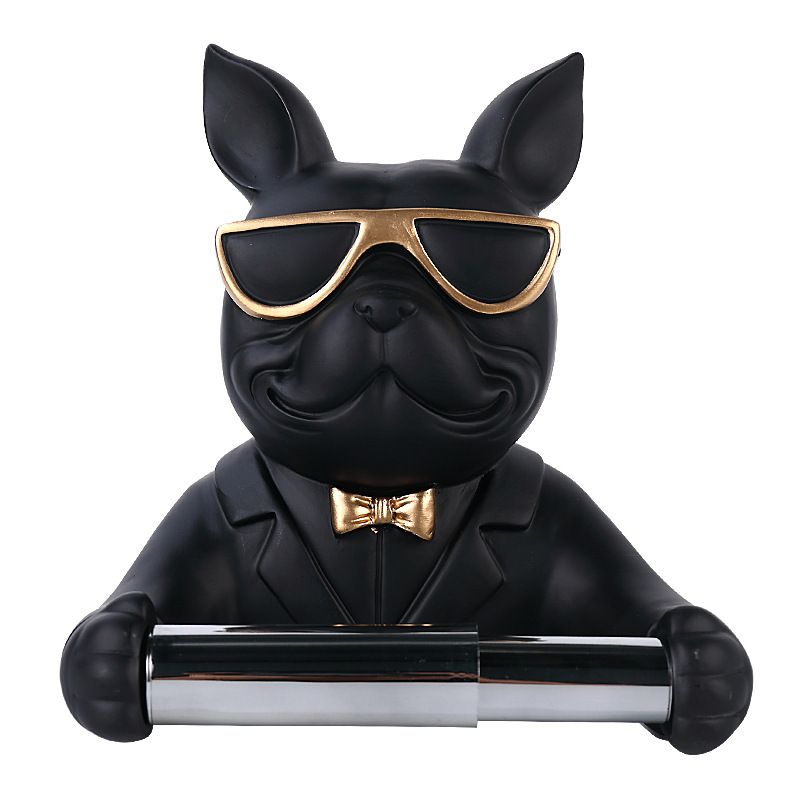 Resin Bulldog Figurine Roll Paper Tube Kitchen Bathroom Wall Hanging Perforated Multifunctional Tissue Holder