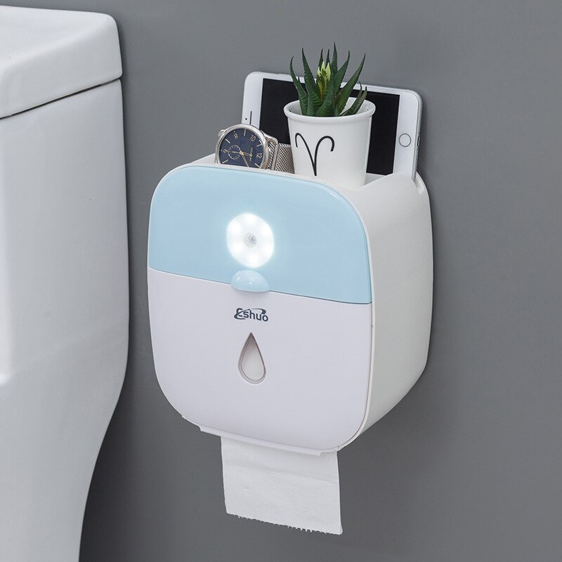 Wall Mounted Waterproof Tissue Holder Box With Human Intelligent Sensor Lamp Bathroom Paper Towel Holder For Phone Storage Box: Blue(Sensor Light)