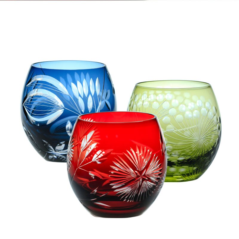 Crystal carved glass red wine glass, Japanese Edo Kiriko ins wind person hand-carved transparent water tea cup whiskey glass