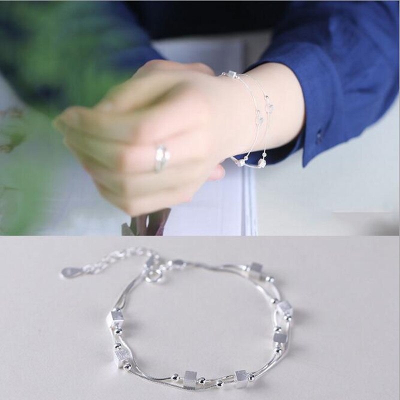 Atmosphere 925 Sterling Silver Jewelry Sweet Simple Multi-layer Box Female Personality Bracelet SB21