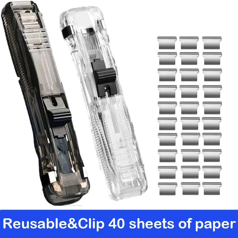 Staple Metal Clip Push Hand Paper Clipper with Refill Fixing Organizing Stapler Reusable Push Clamp for Document File Stationery