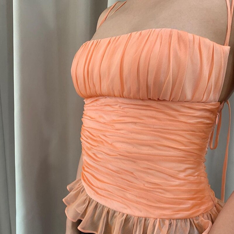Uclio-Chaleco de malla de hojas de loto para mujer, chaleco femenino de un hombro, espalda abierta, cuello, naranja: M