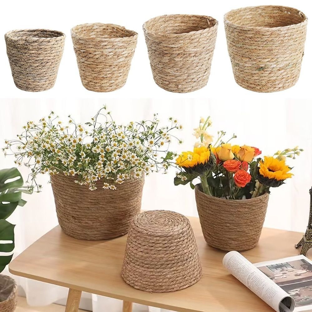 1 Stuks Mini/S/M/L Gras Geweven Bloempot Voor Tuinterrassen Kleine Plant Bloemenmand Zaailing Containers Planter Mand