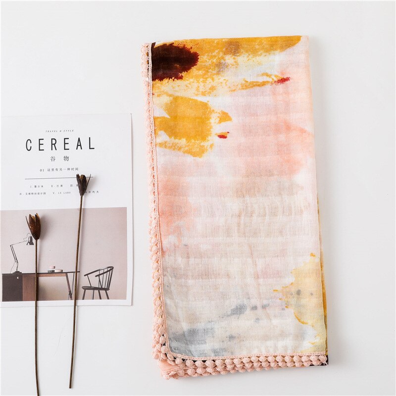 Sparsil-foulard en coton et lin femme | Longue écharpe, imprimé floral, court gland doux, enveloppes d'été, Protection solaire, échalotes de plage: 7Pink Render