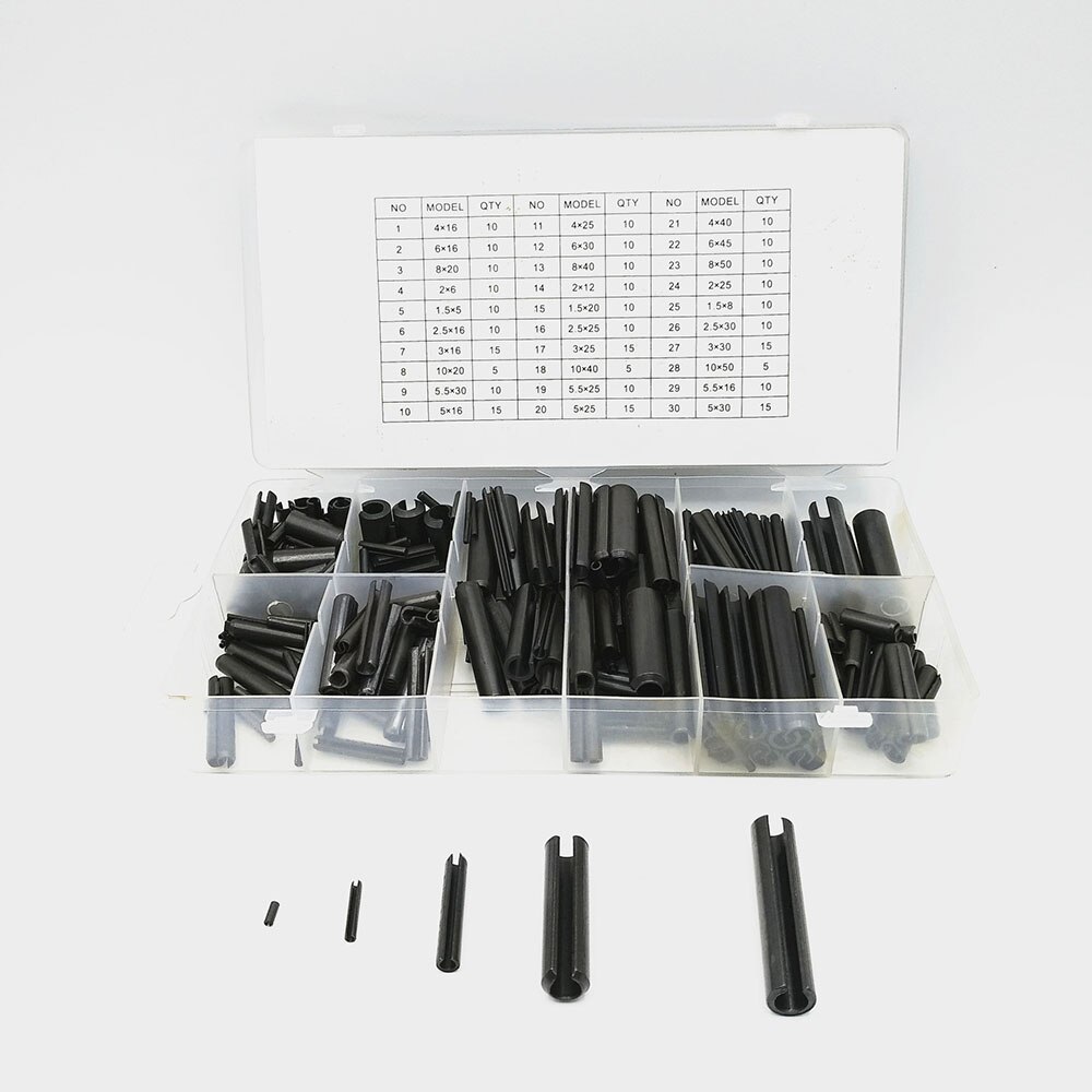 315 Stks/doos 65Mn Black Carbon Stalen Veer Pin Cilindrische Elastische Open Pin Positionering Pin M1.5 M2 M2.5 M3 M4 M5 m5.5 M6 M8 M10
