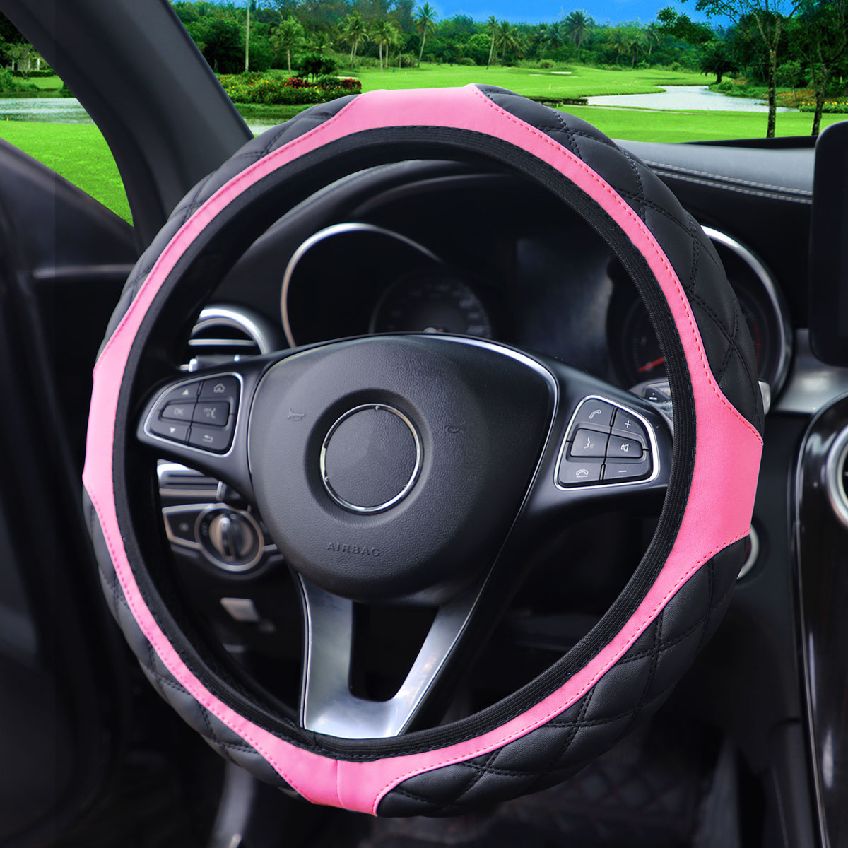 1 Leder-Stereo-Lenkradbezug mit Stickerei, bequem, rutschfest, ohne Innenring für 14,1-15-Zoll-Autos