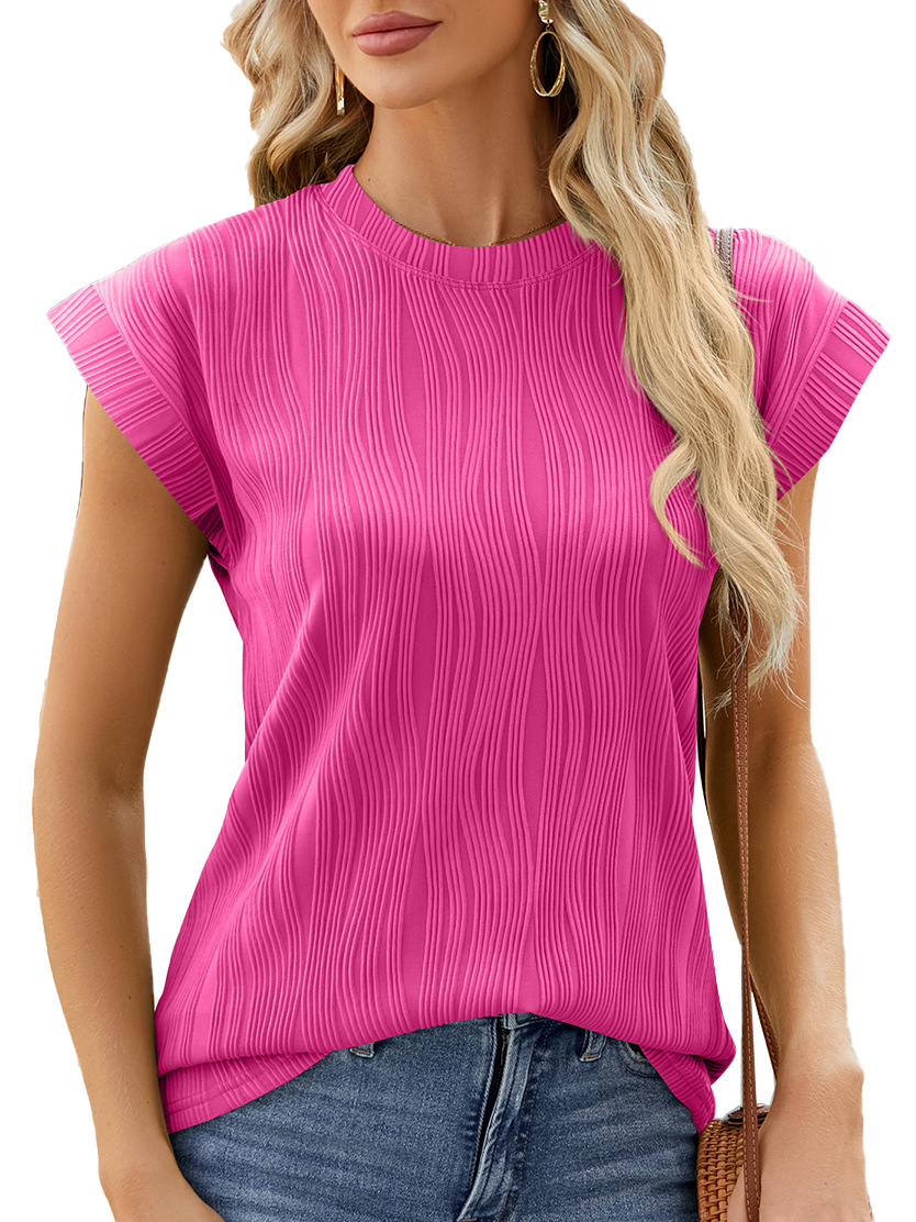 T-shirt à manches courtes pour femmes, col rond en Y texturé, tricot monochrome, t-shirt basique décontracté, chemisiers,: S / Marron