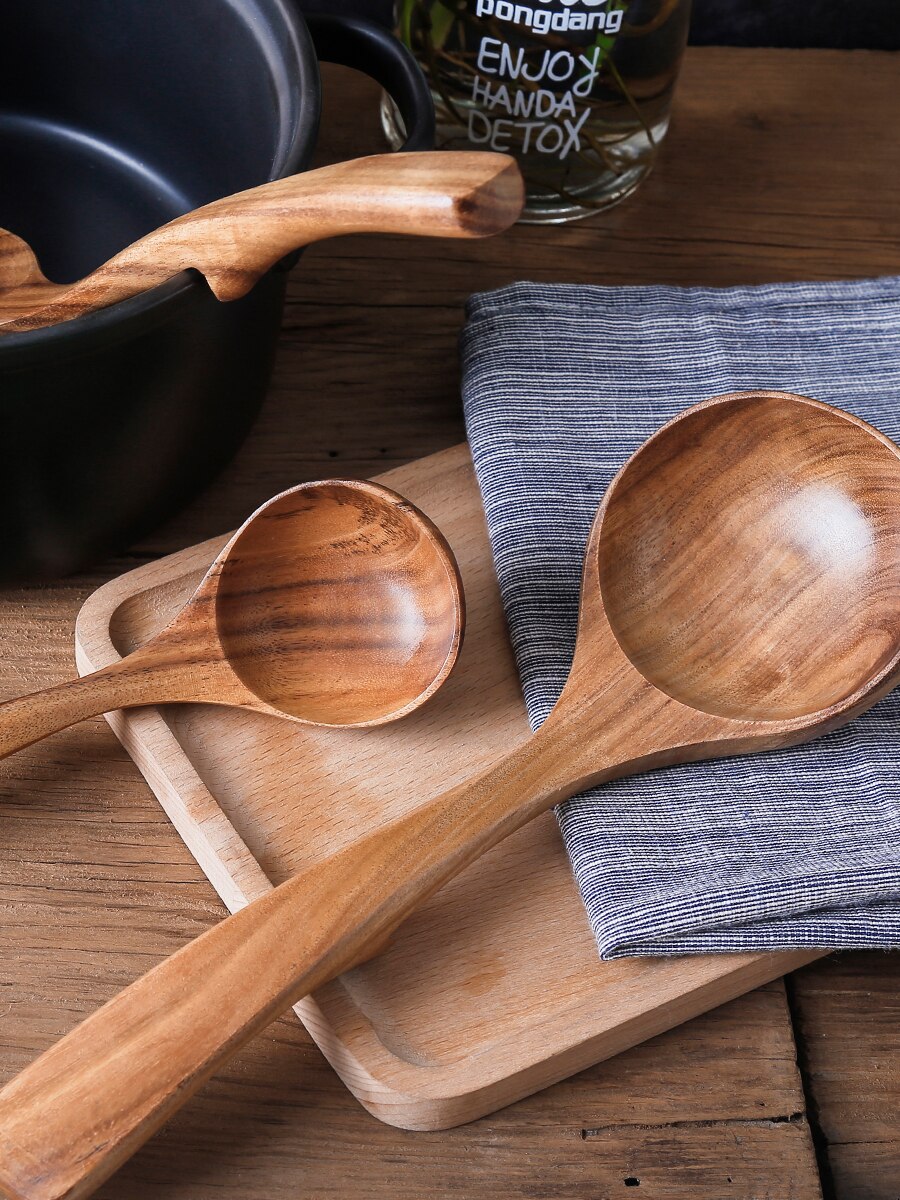 Teak Wood Long Spoon Hook Tablespoon Kitchen Wooden Soup Spoon